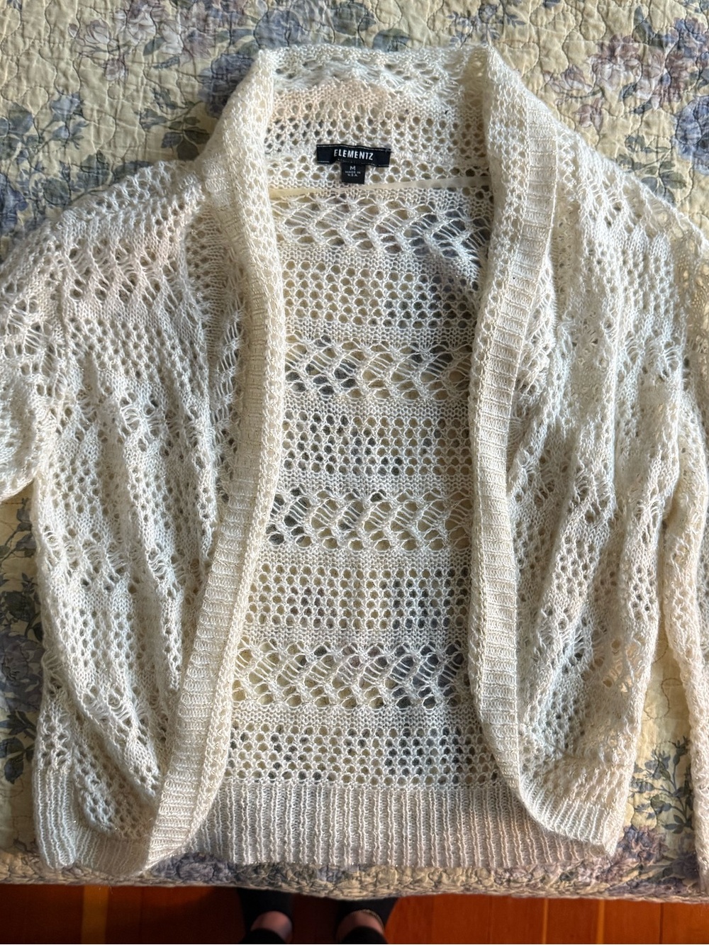 Elementz Openwork Crochet Shrug Cardigan in white lightweight flowy effortless